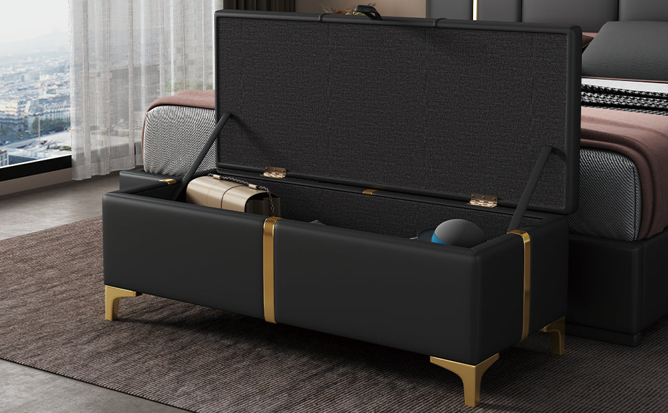 Chic Black Storage Ottoman with Metal Legs