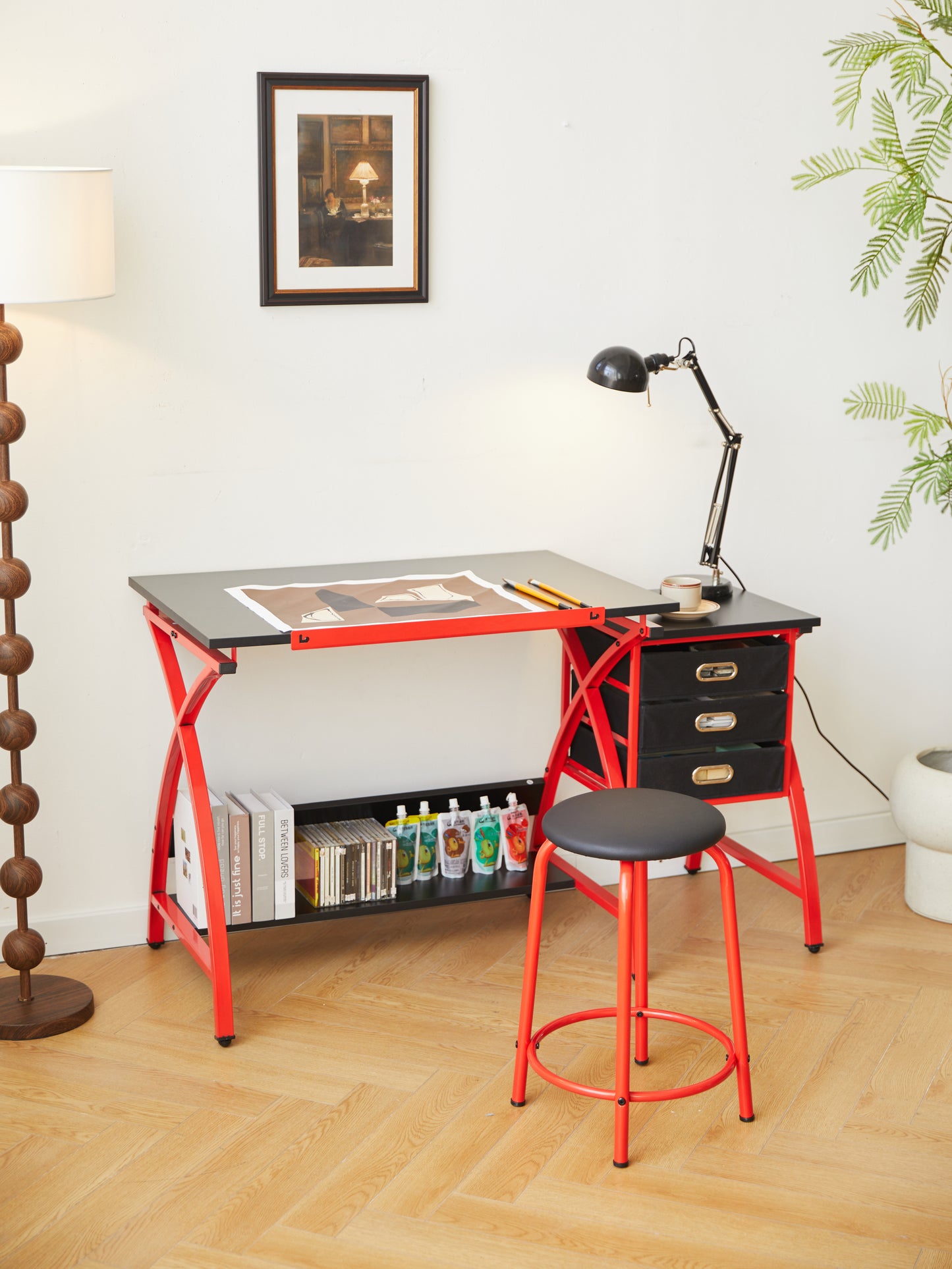 Chic Red Drafting Table Set with Stool