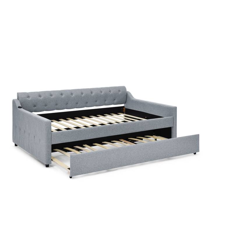Linen Grey Daybed with Trundle and USB Charging