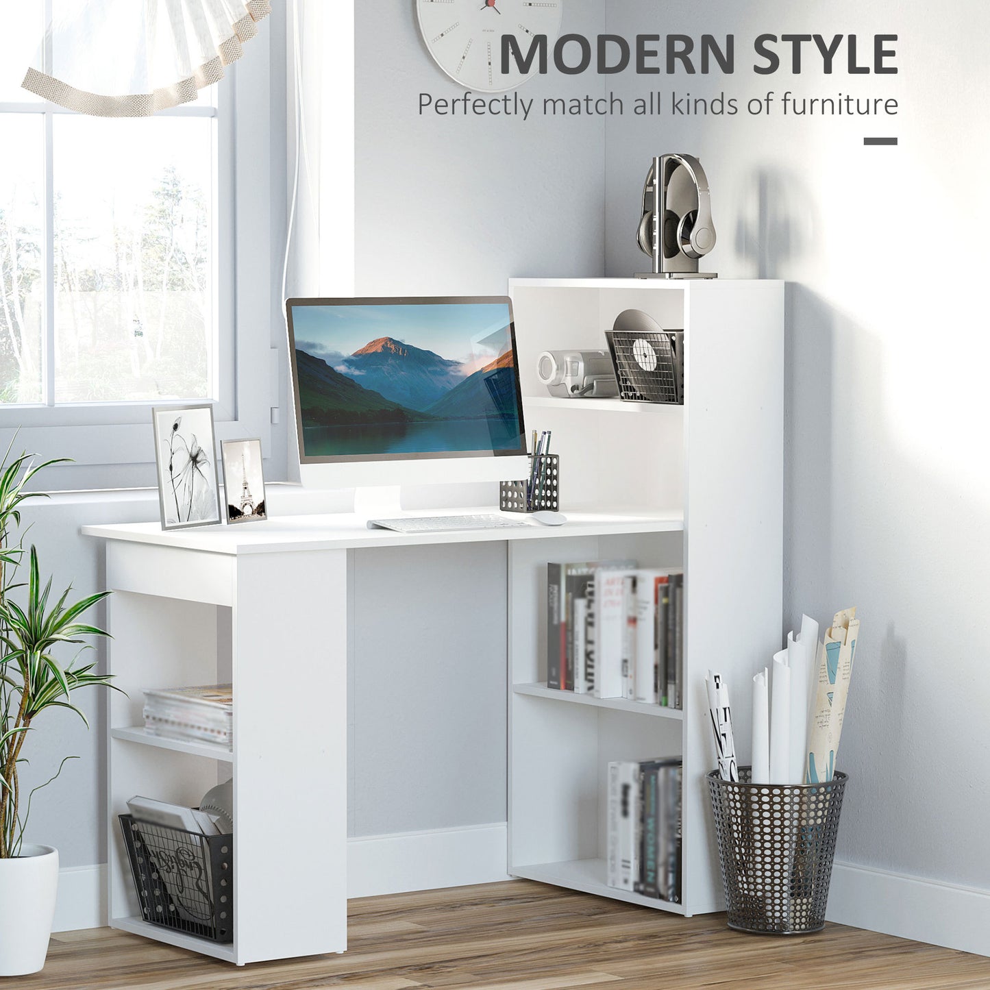 Sleek White Desk with 6-Tier Bookshelf