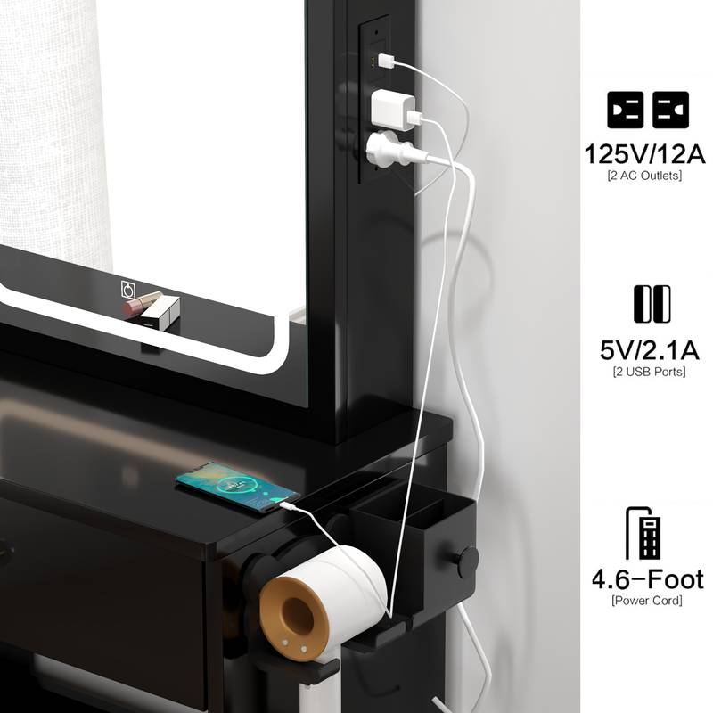 Chic Space-Saver Vanity Set with LED Mirror & Power Hub