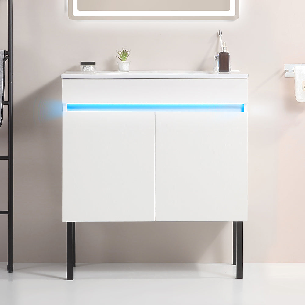 Sleek White Wall-Mounted Vanity with Sensor Light & Ample Storage