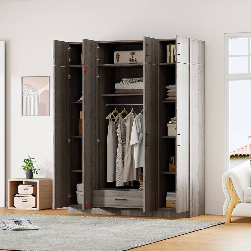 Stylish Gray Four-Door Wardrobe with Drawer and Cabinet