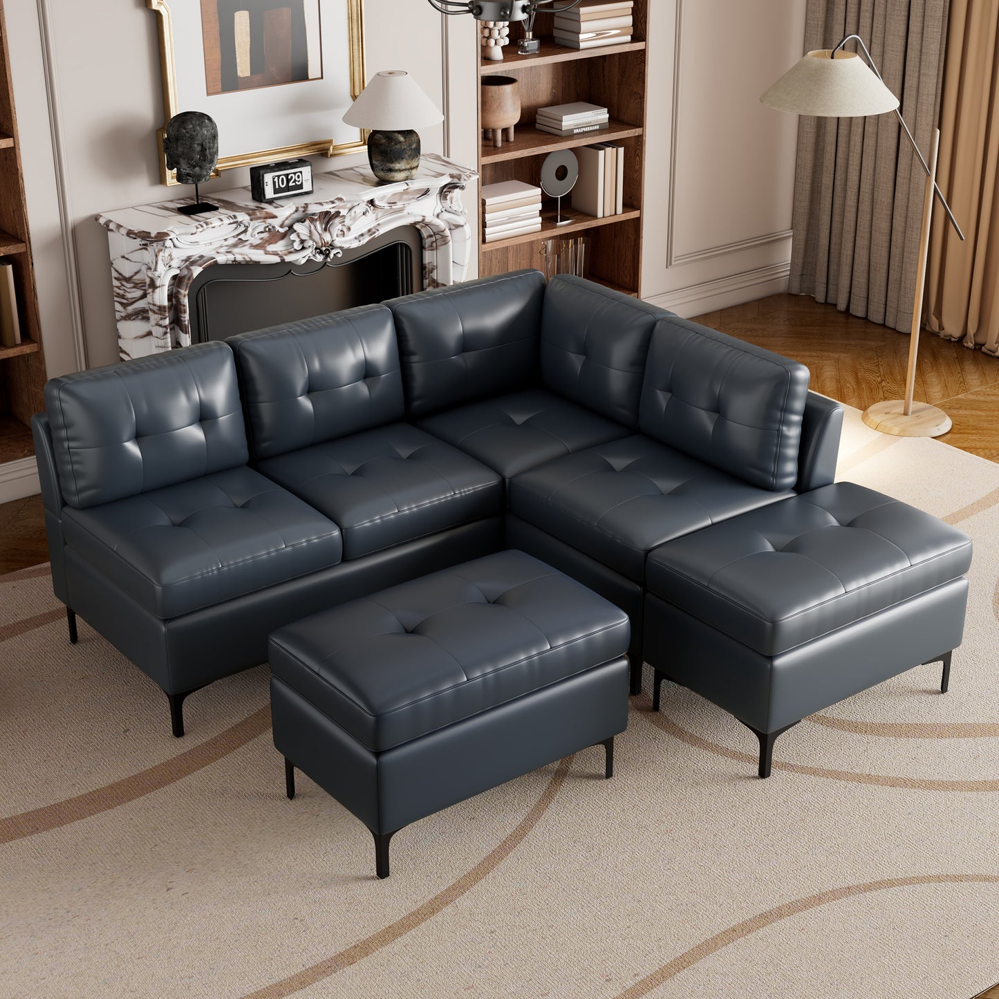 Cozy Blue L-Shaped Corner Sofa with Storage Ottomans