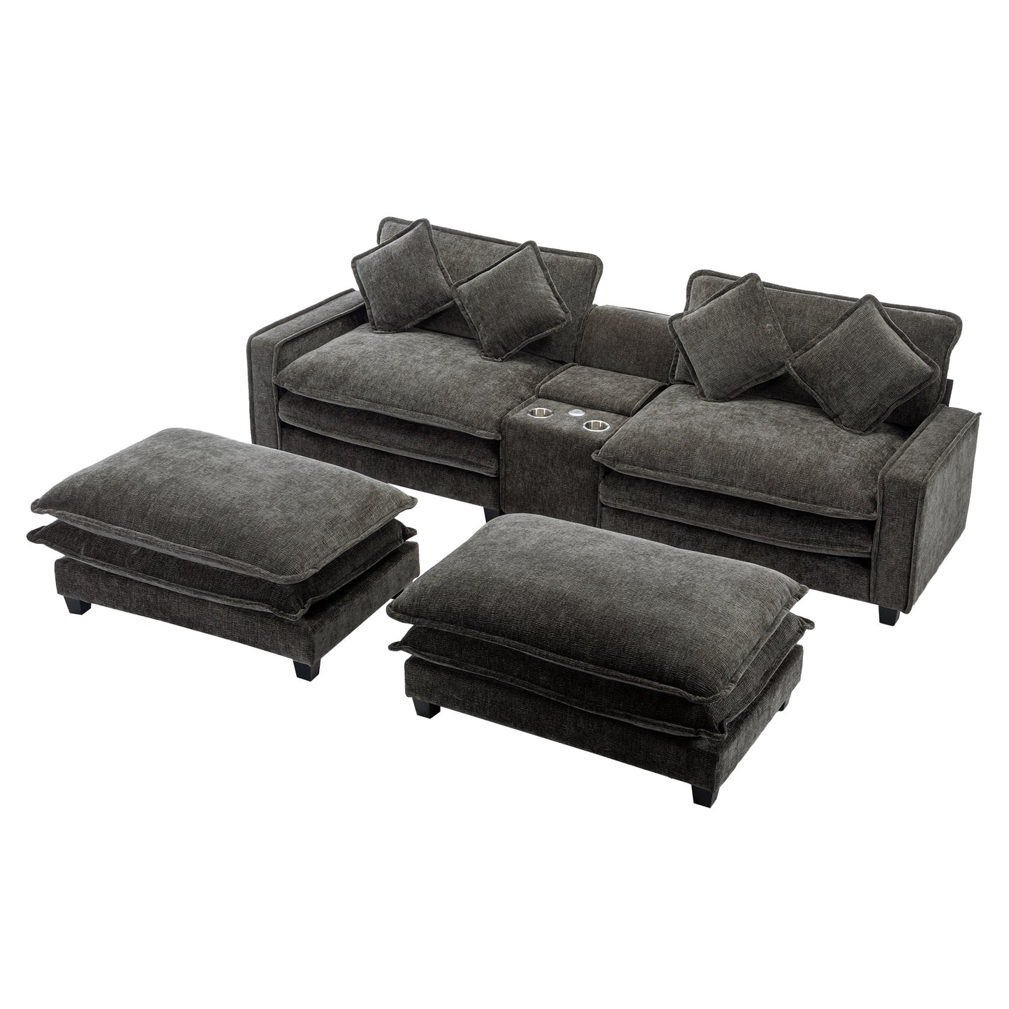 Cozy Black Chenille Sectional Sofa with Ottomans and USB Ports