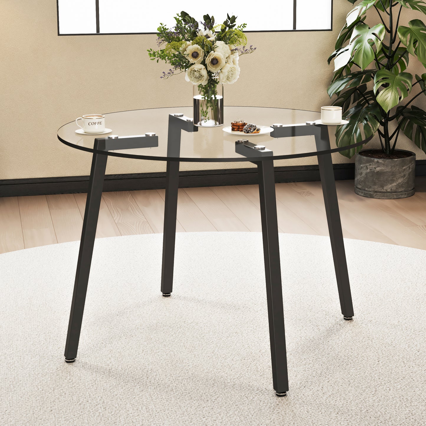 Chic Round Glass Dining Table with Black Metal Legs