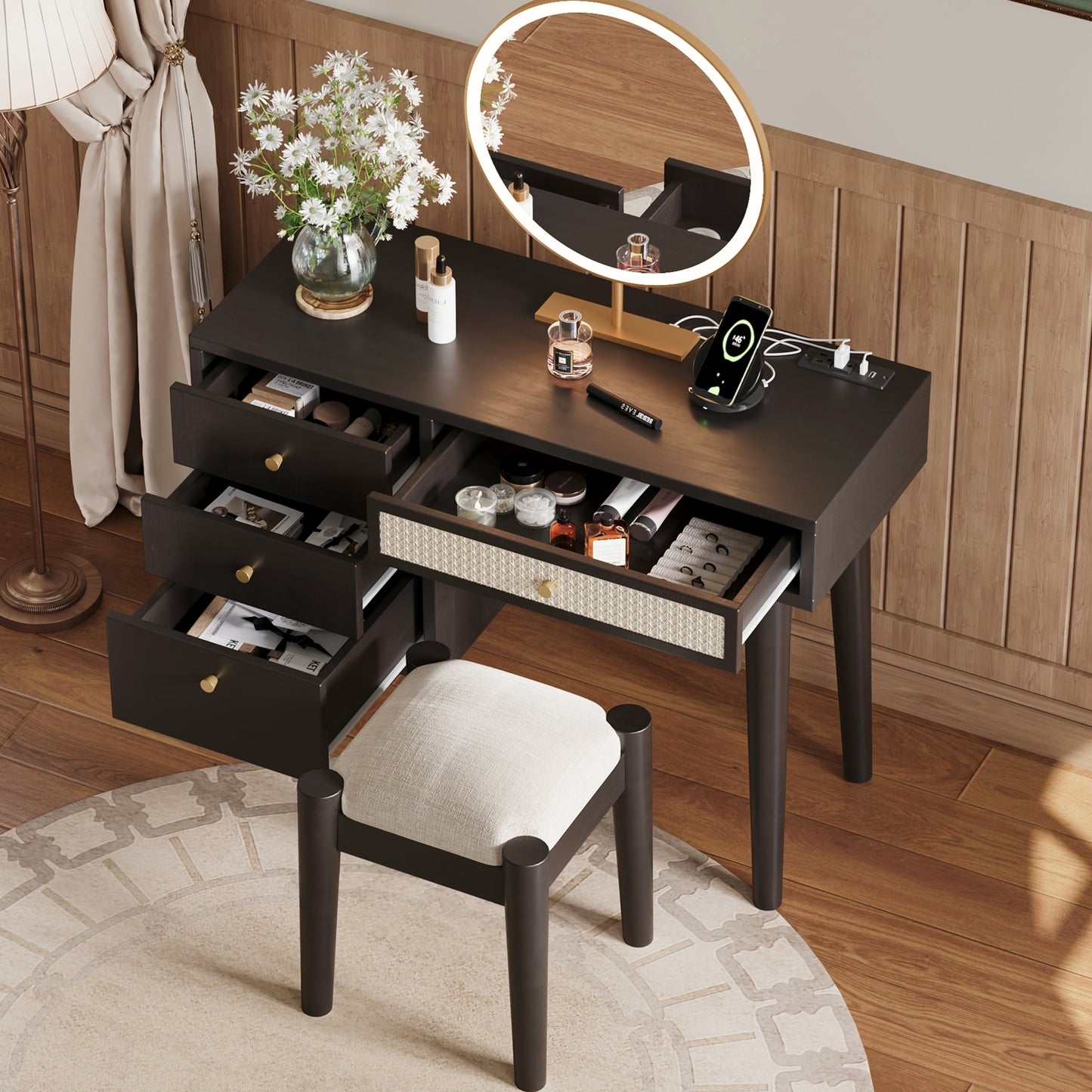 Chic Boho Vanity Set with USB Charging & Storage