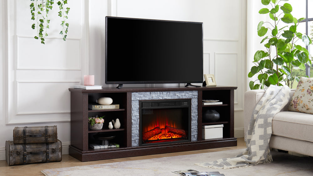 Cozy Cherry TV Stand with Faux Stone and Fireplace