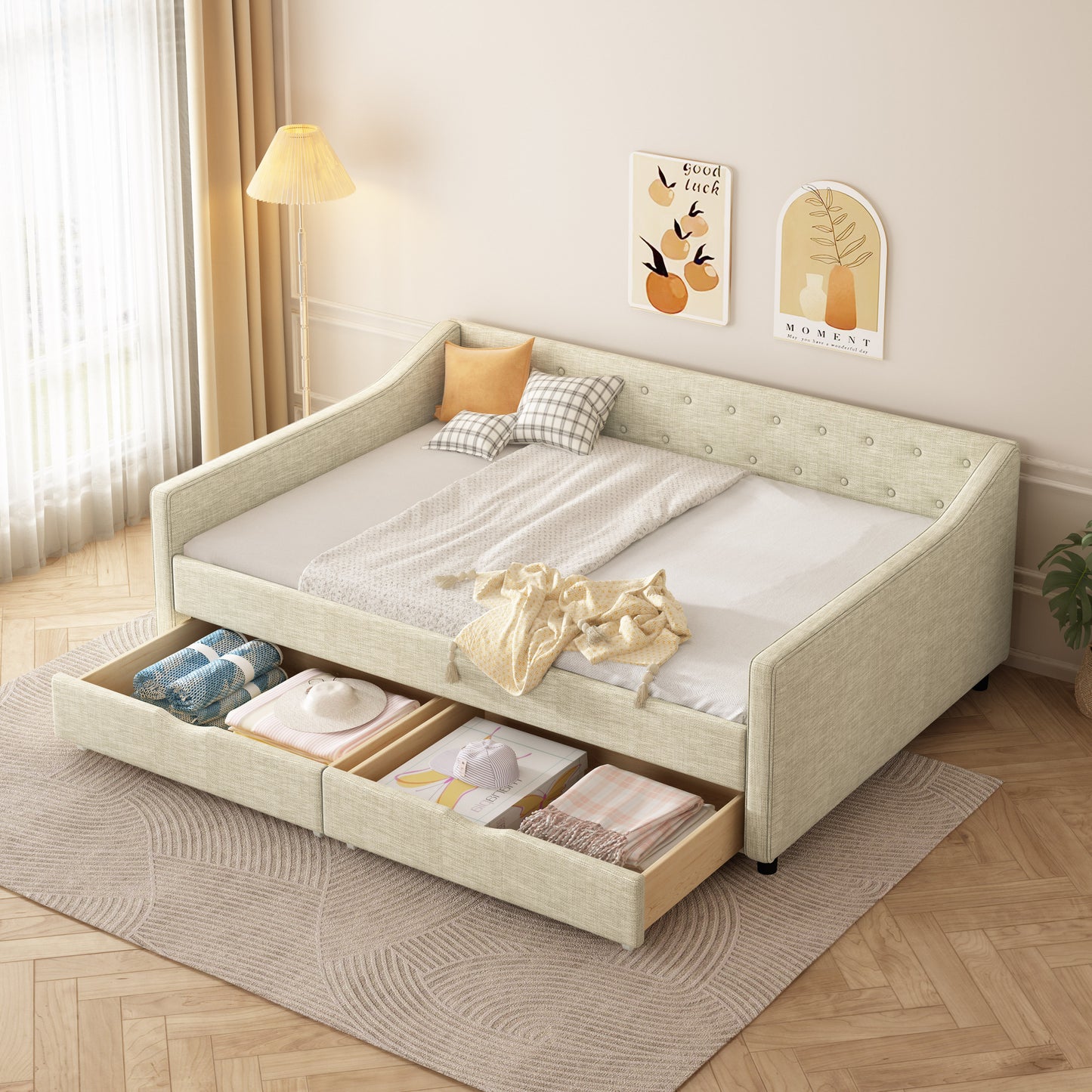 Cozy Upholstered Daybed with Storage Drawers - Beige Elegance