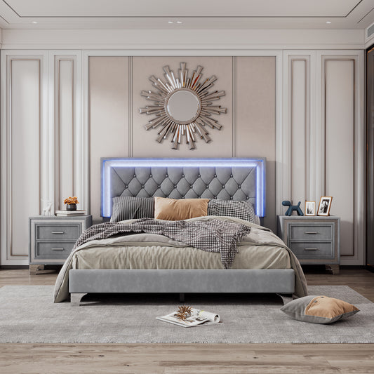 Sleek Gray Bedroom Set with LED Bed and Nightstands