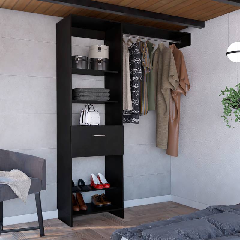 Sleek Black Closet Organizer with Shelves and Drawer