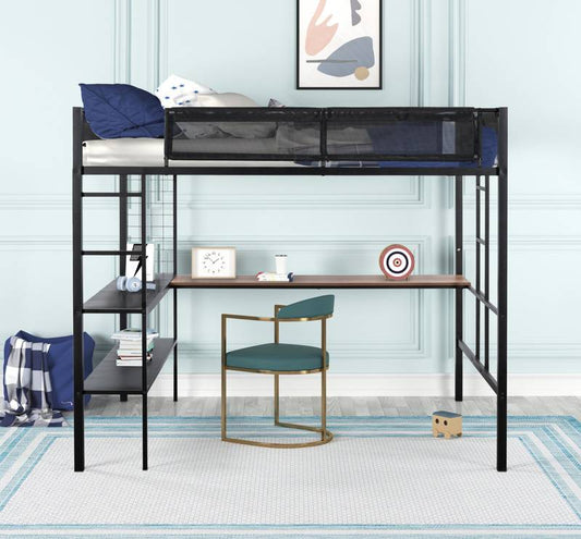 Lofted Metal Bed with Desk & Shelves