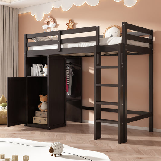 Espresso Loft Bed with Storage and Wardrobe