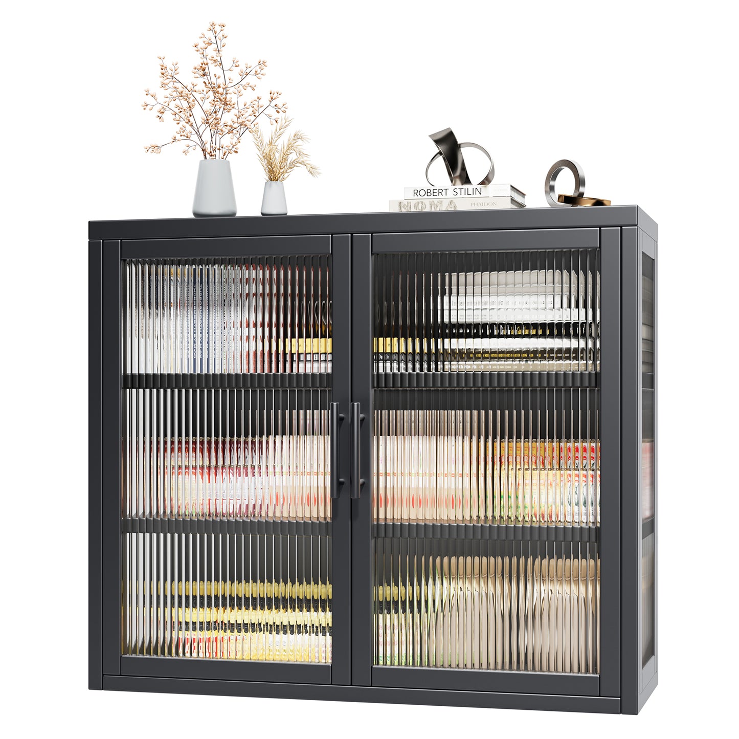 Chic Retro Wall Cabinet with Glass Doors and Shelves