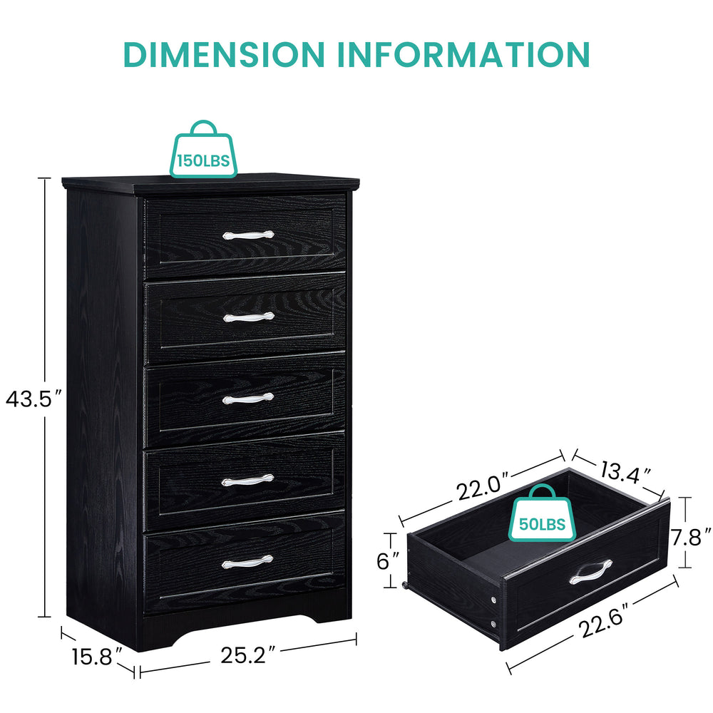 Sleek Black 5-Tier Dresser - Stylish Storage for Any Room