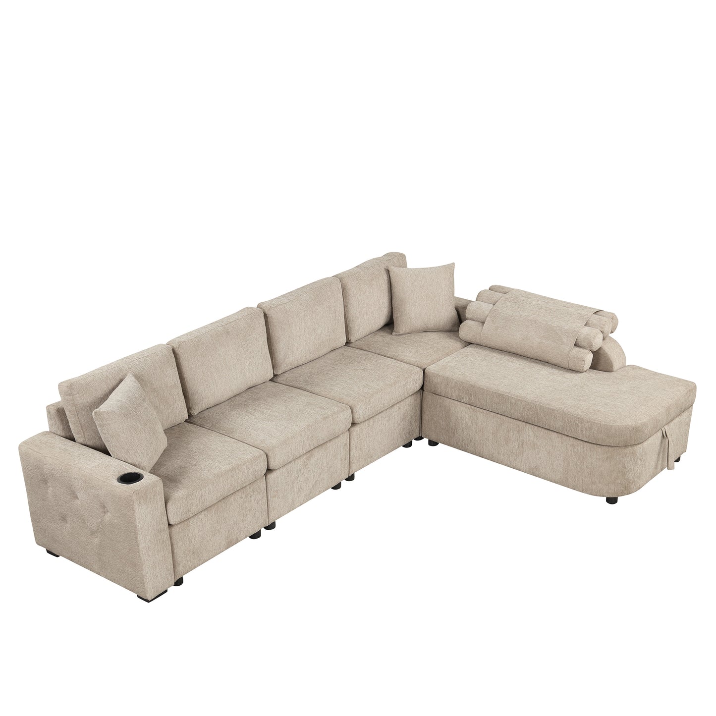 Cozy L-Shaped Sofa with Storage, Cup Holders, and USB Ports - Beige