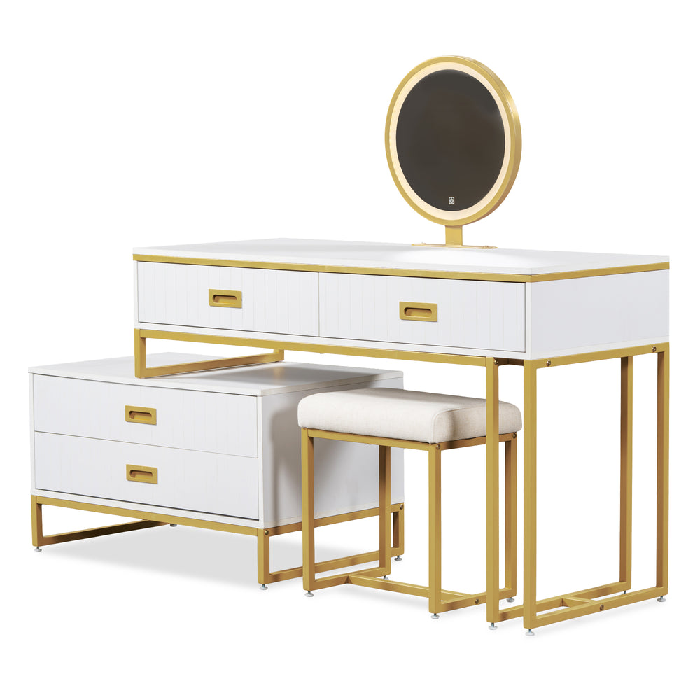 Chic Makeup Vanity with LED Light and Movable Cabinet