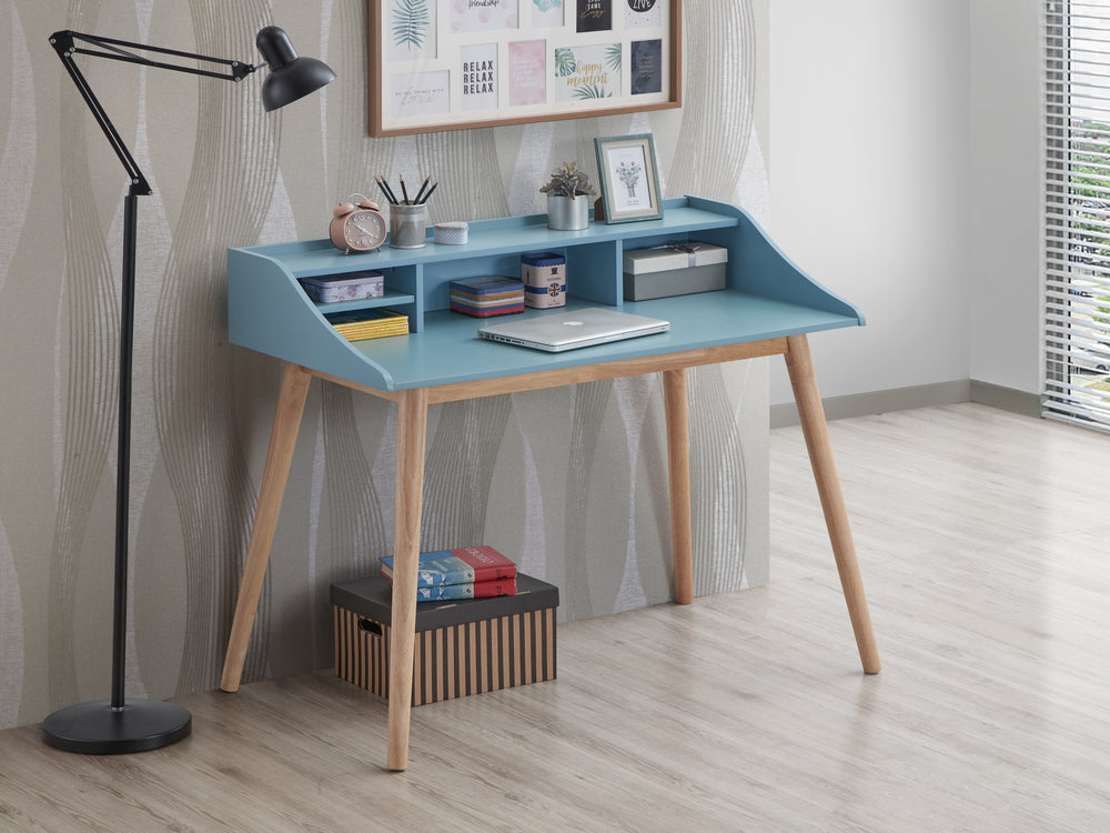 Blue Mid-Century Wood Writing Desk with Hutch