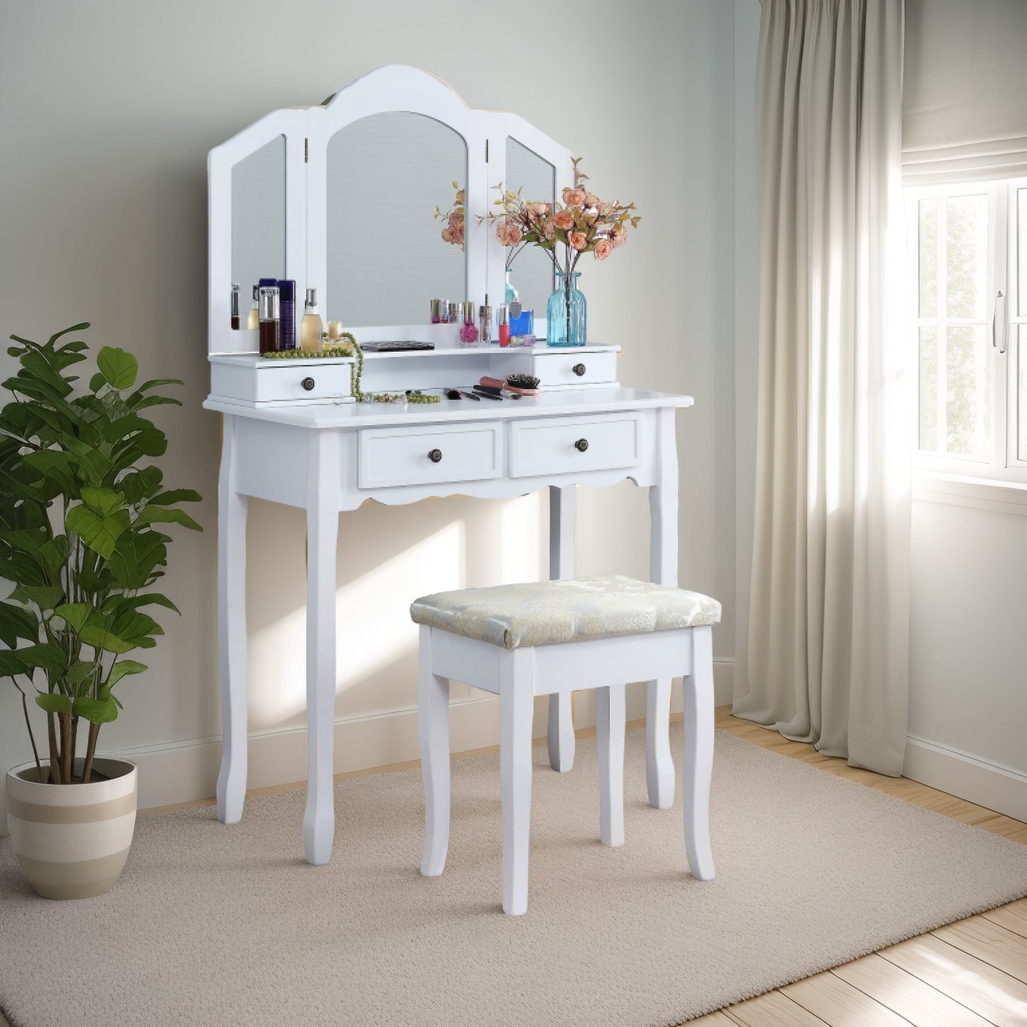 Charming White Vanity Set with Stool