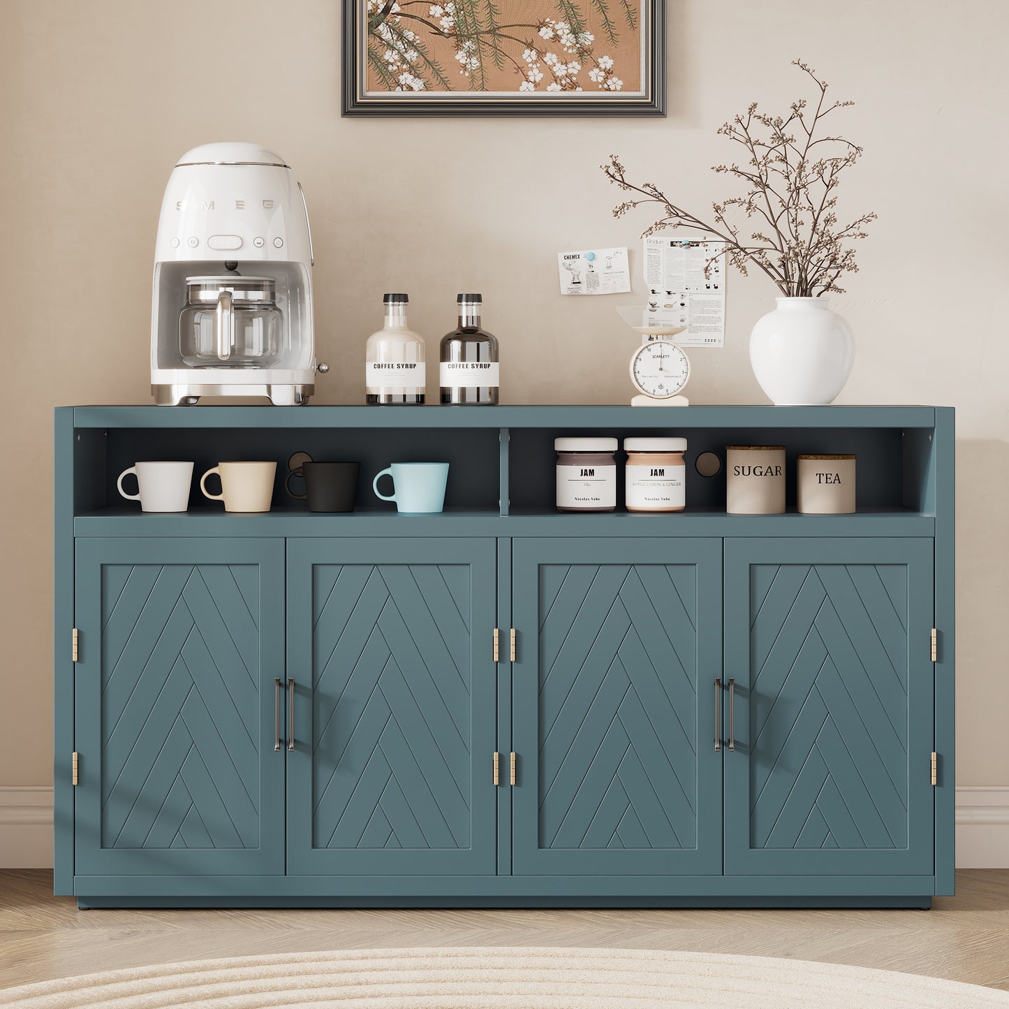 Chic Smoke Blue Sideboard with Open Shelves