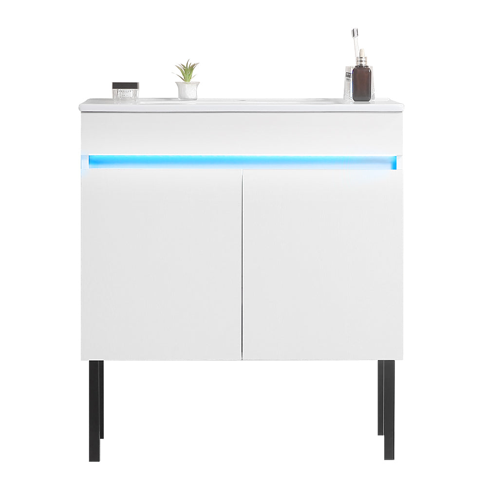 Sleek White Wall-Mounted Vanity with Sensor Light & Ample Storage