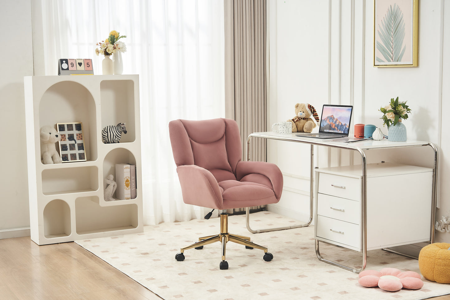 Chic Pink Velvet Swivel Chair with Gold Base