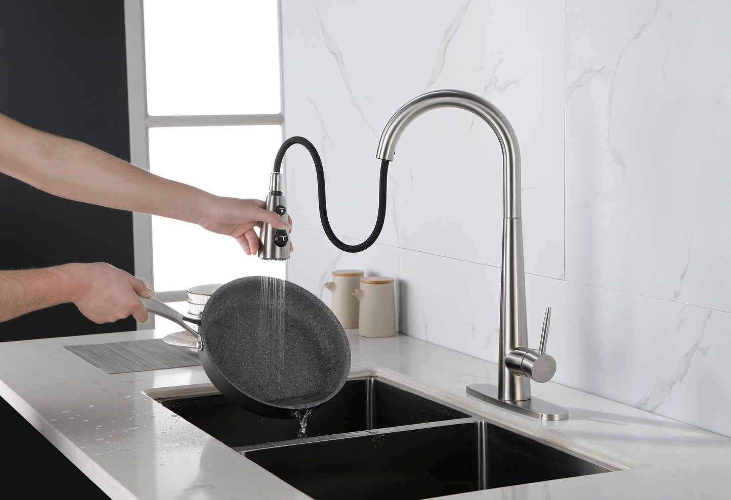 Sleek Brushed Nickel Kitchen Faucet with Pull-Down Sprayer