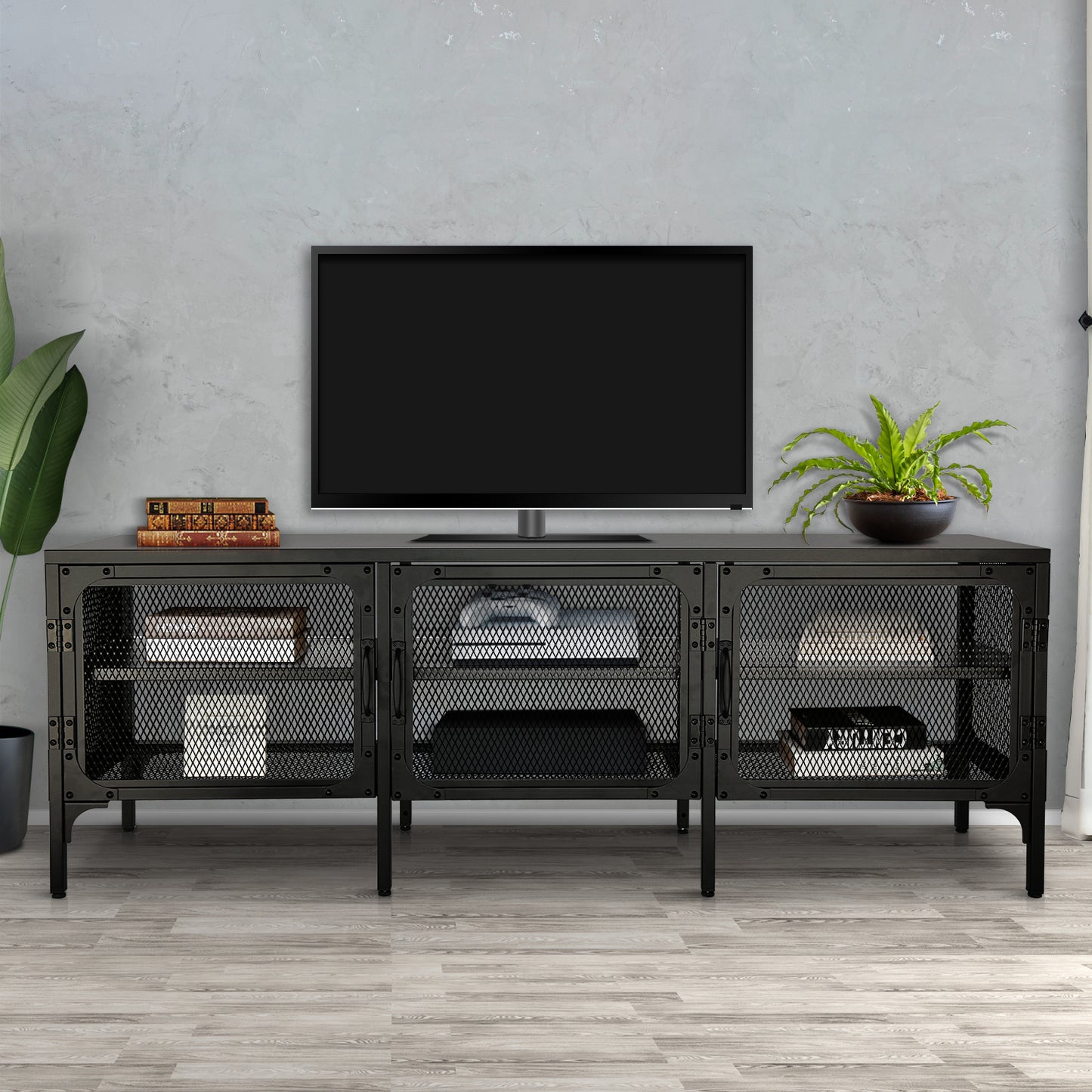 Sleek Metal TV Stand with Stylish Mesh Doors and Ample Storage