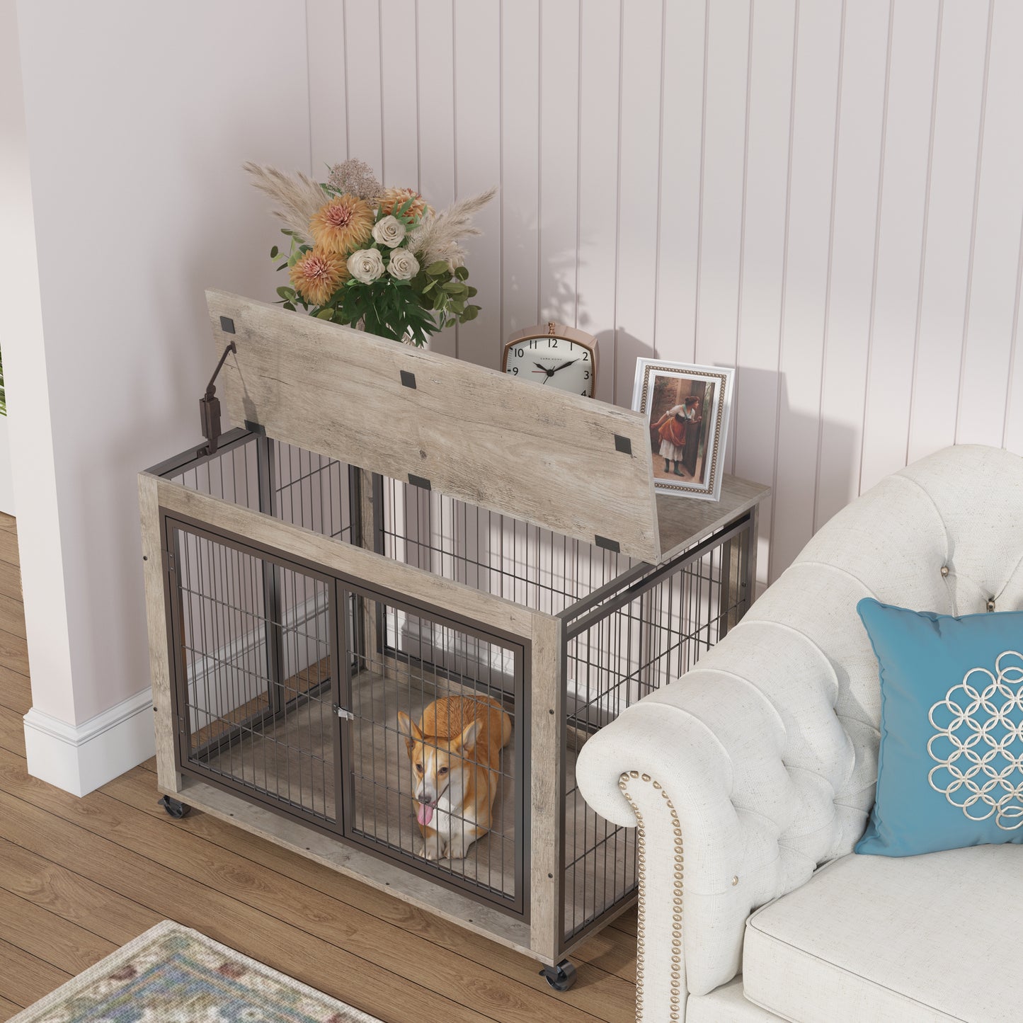 Chic Mobile Dog Crate Table with Double Doors and Lift Top in Grey