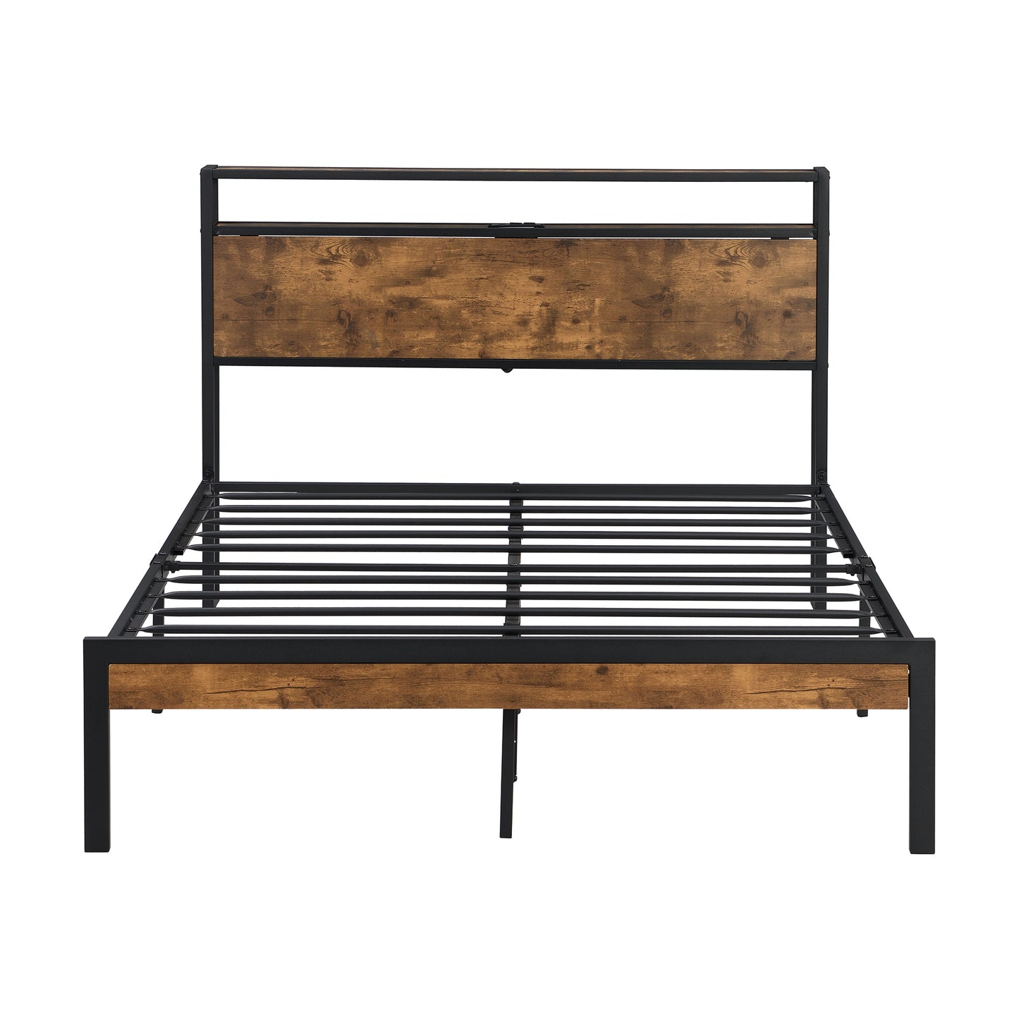 Stylish Queen Metal Bed Frame with Wooden Accents & USB Charging - No Box Spring Needed!