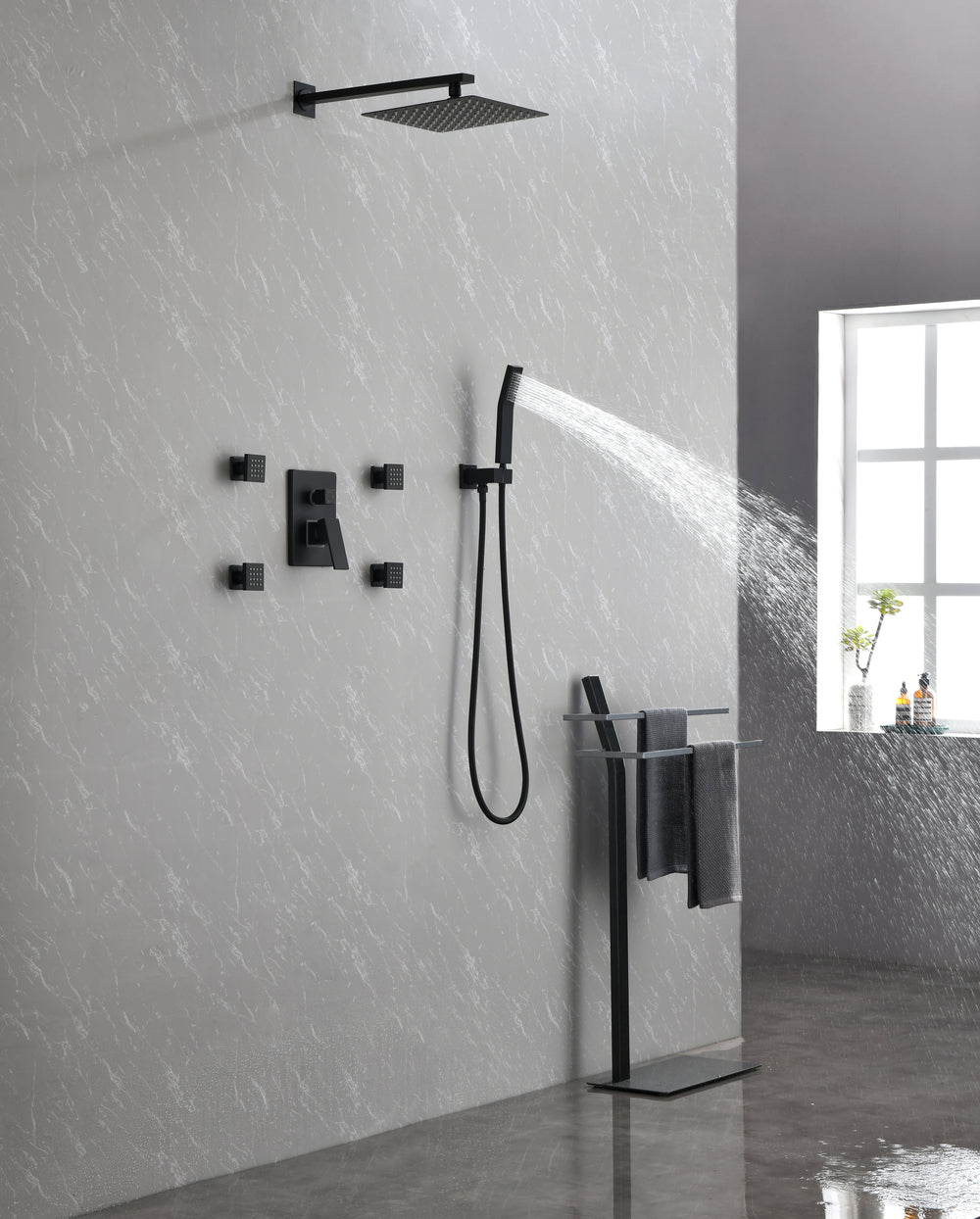 Luxury Matte Black Rainfall Shower Set with Body Jets and Handheld Wand