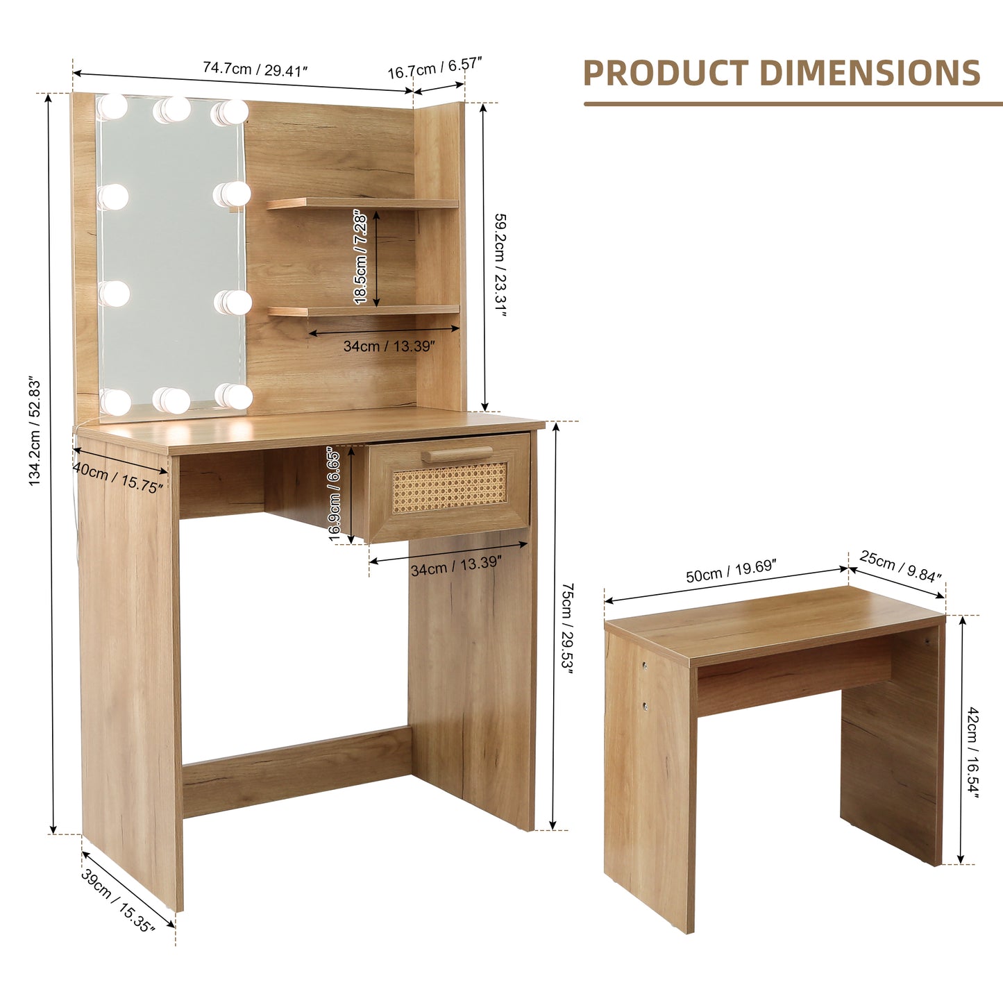 Radiant Vanity Set with Stool and LED Mirror