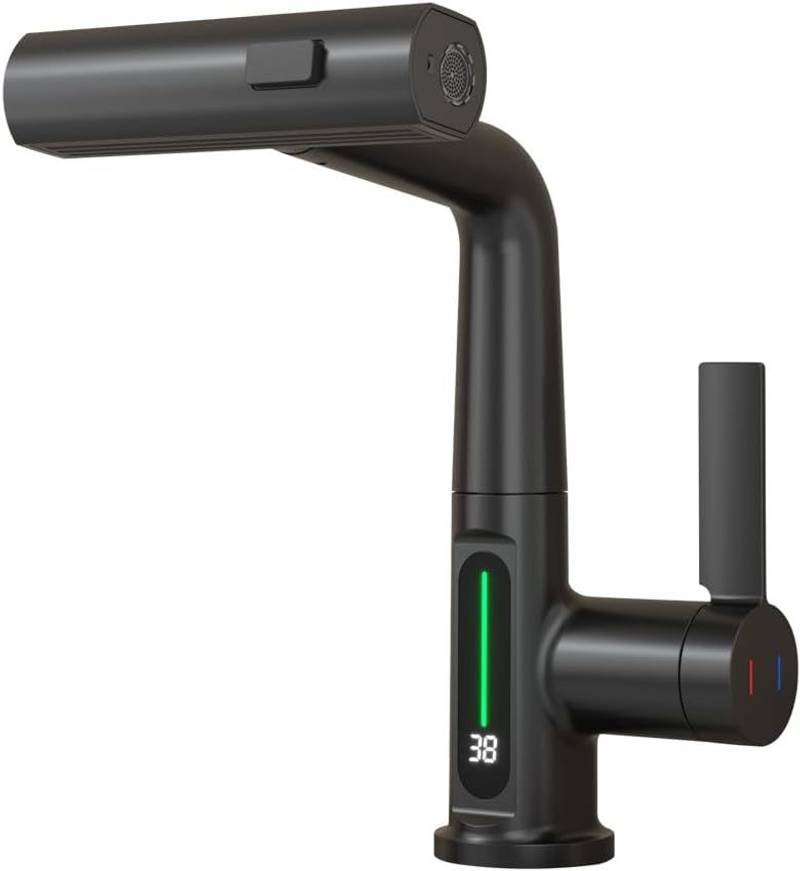 Sleek Matte Black Rotating Waterfall Faucet with LED Temperature Display