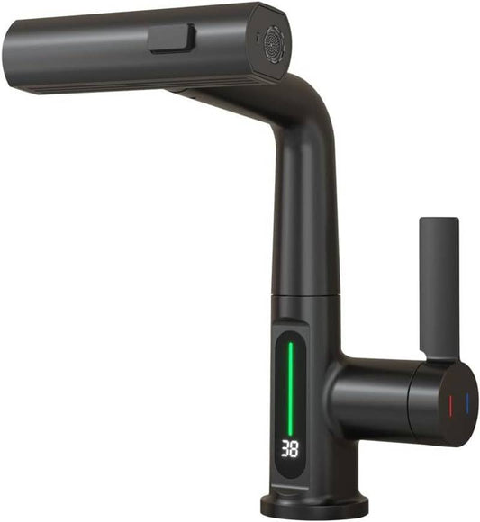 Sleek Matte Black Rotating Waterfall Faucet with LED Temperature Display