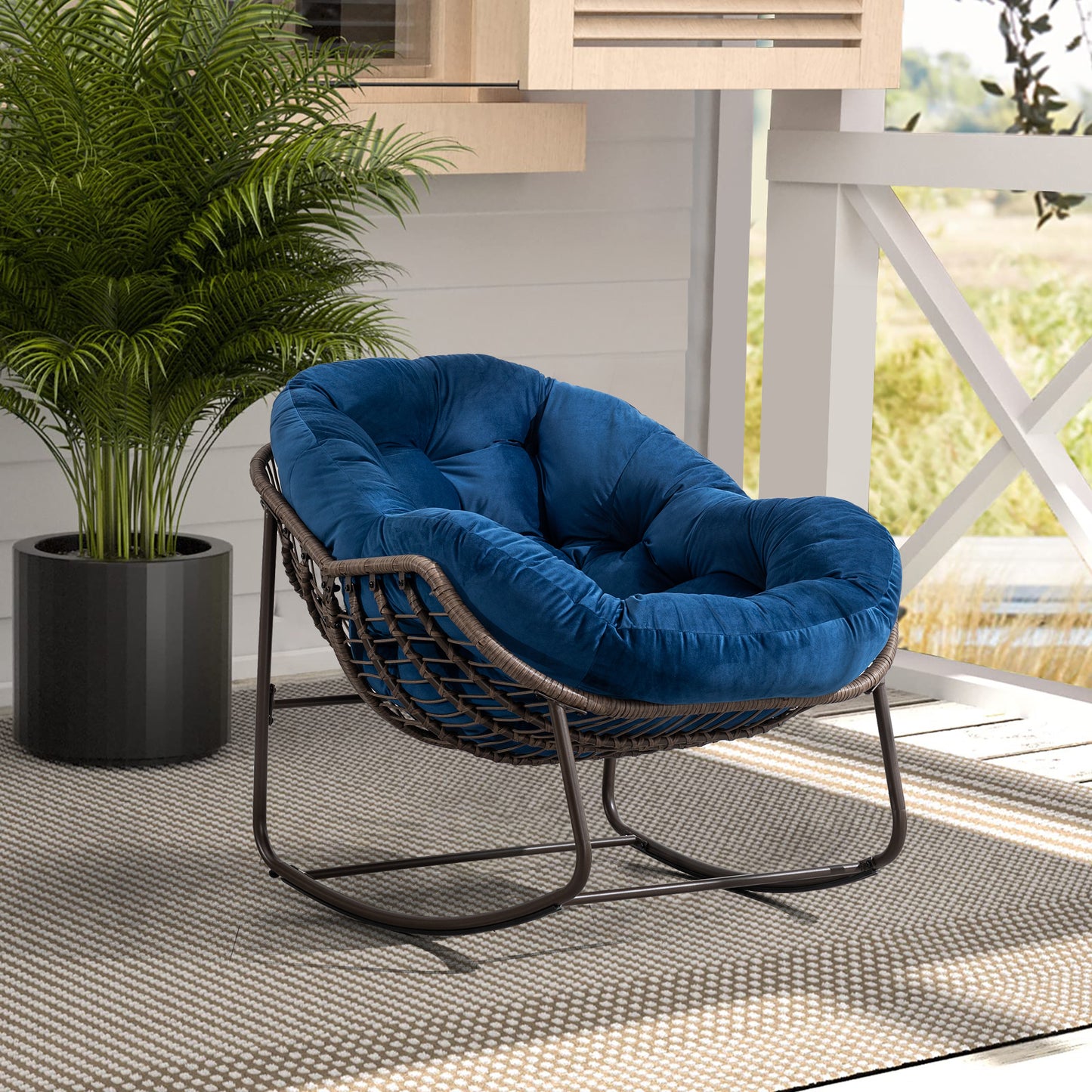 Cozy Navy Rattan Rocker Chair