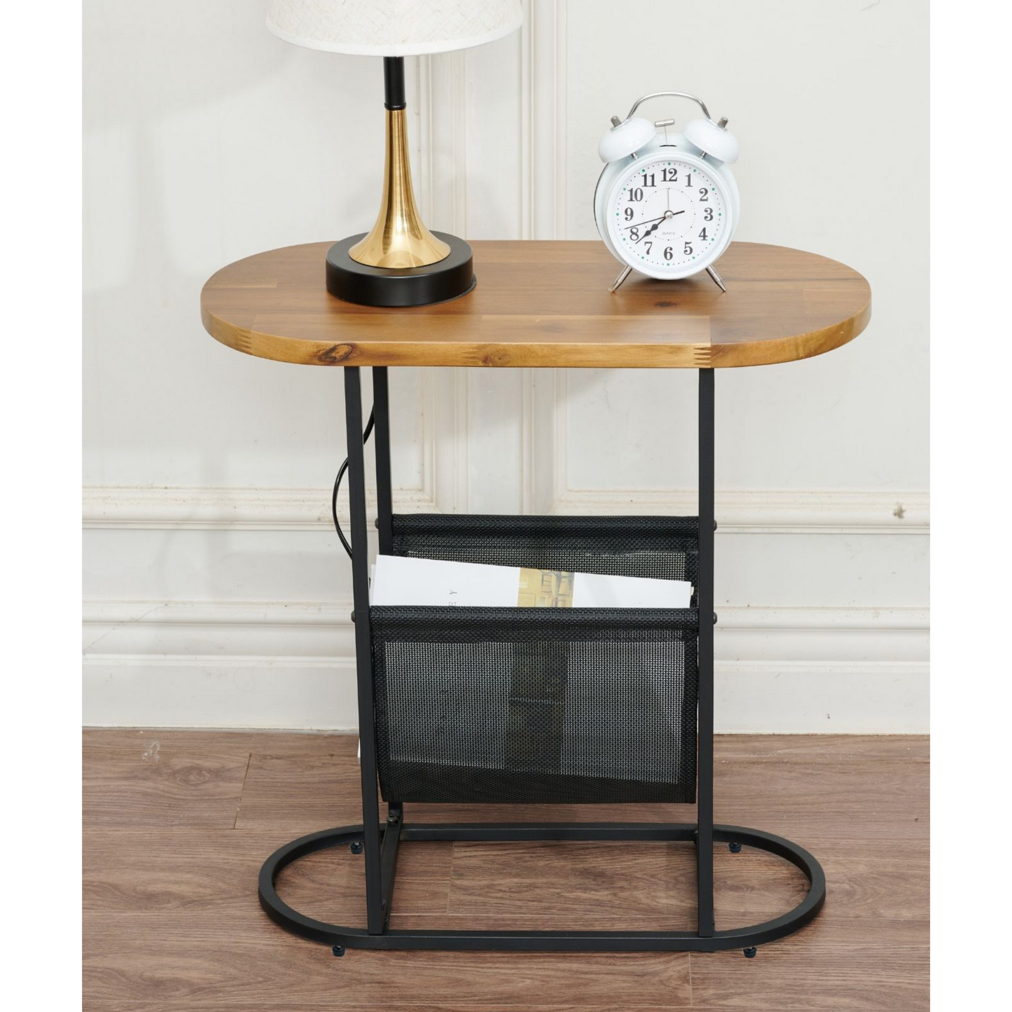 Chic Acacia Oval Side Tables with Magazine Storage