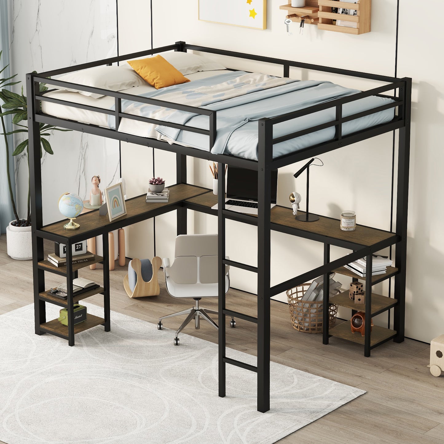 Vintage-Style Loft Bed with Desk & Storage