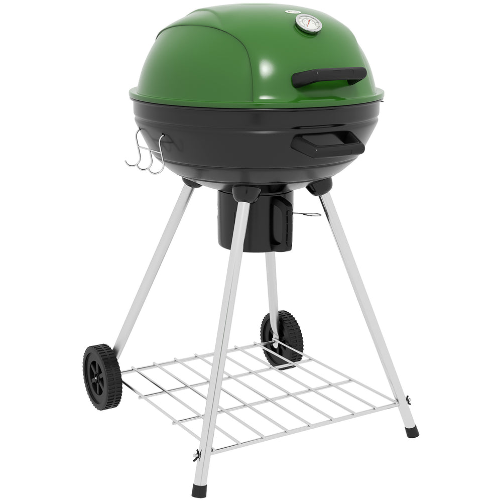 Green Kettle Charcoal BBQ Grill with Trolley & Thermometer