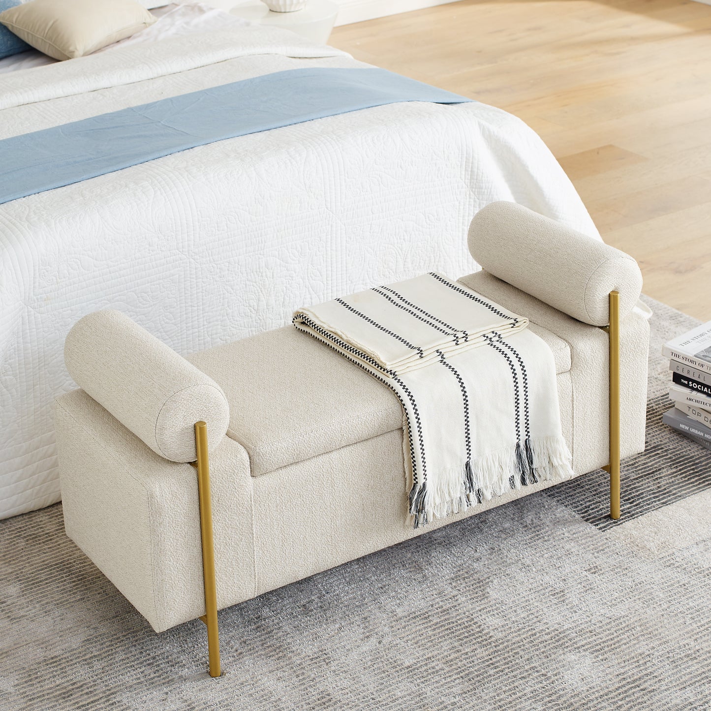 Chic Linen Storage Bench with Stylish Arms and Sturdy Legs