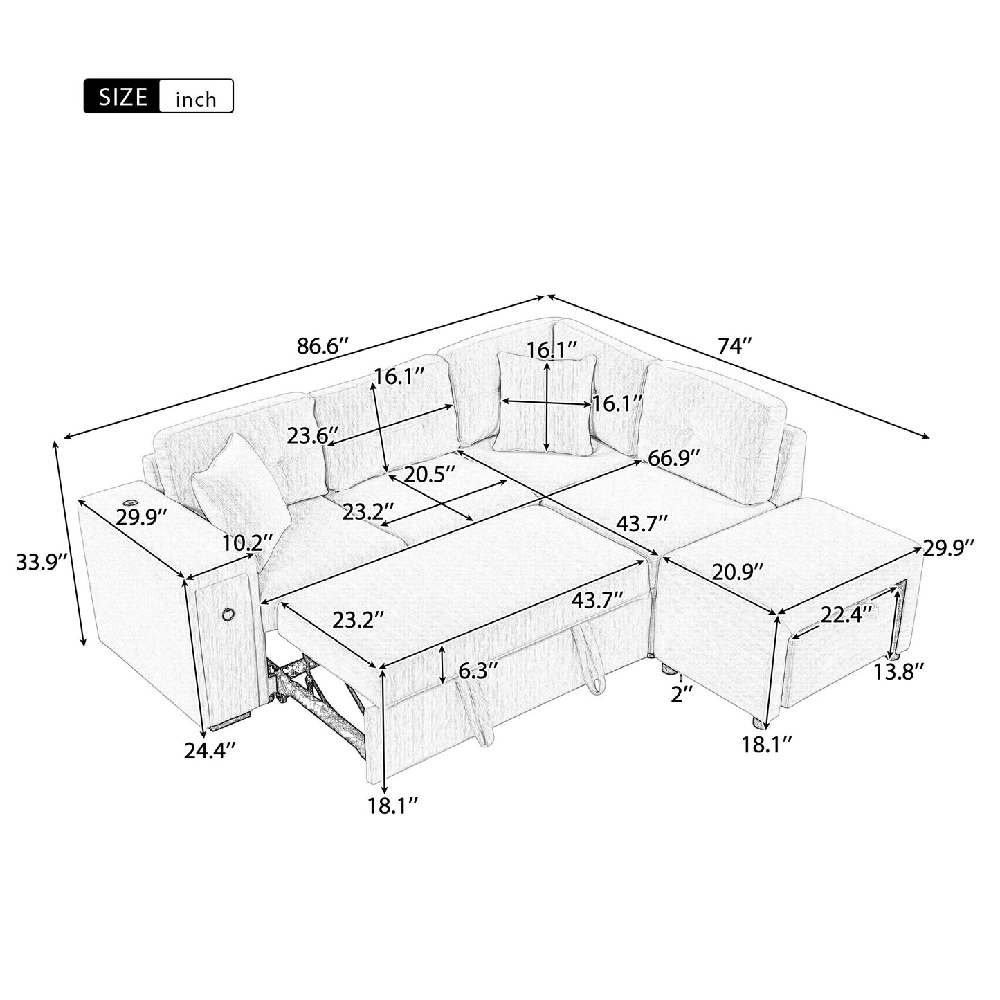 Haven L-Shaped Sofa Bed with Ottoman & USB Ports - Beige