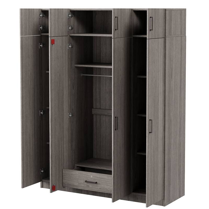 Stylish Gray Four-Door Wardrobe with Drawer and Cabinet
