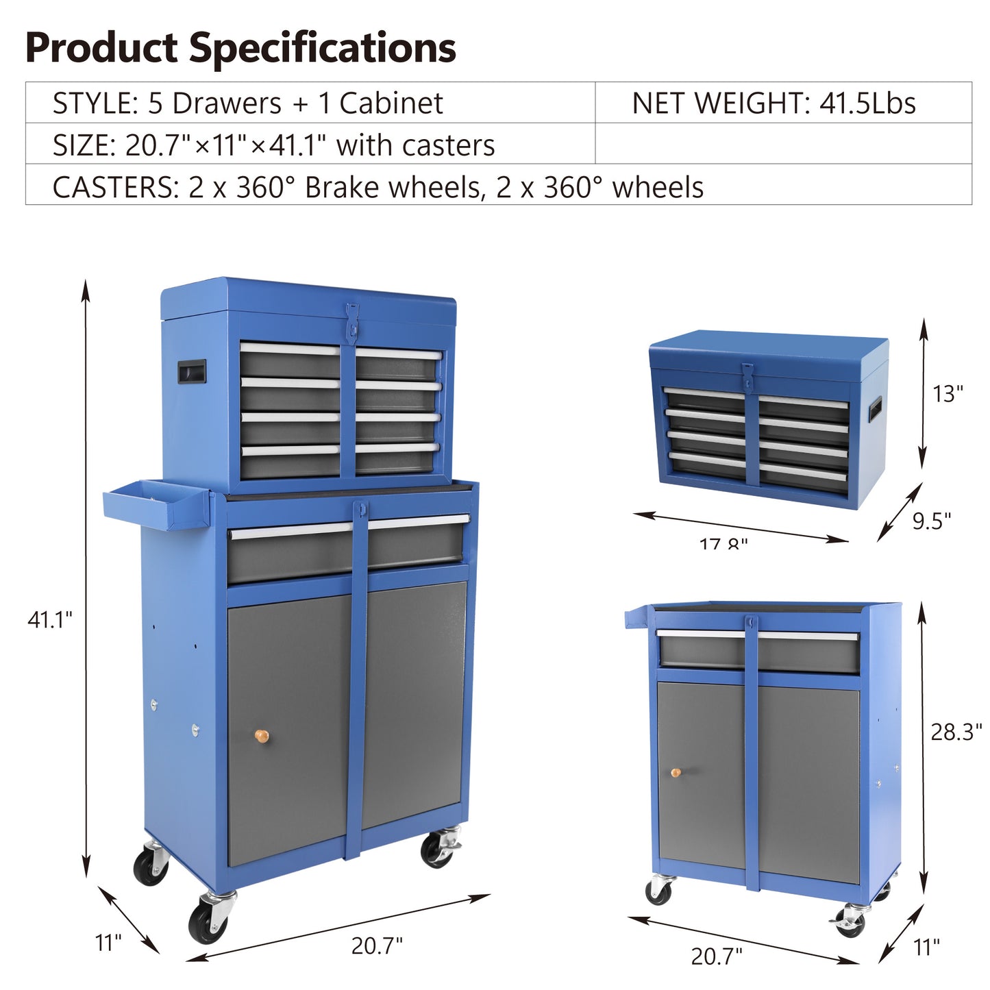 Rolling Tool Chest with Detachable Top and Locking Wheels