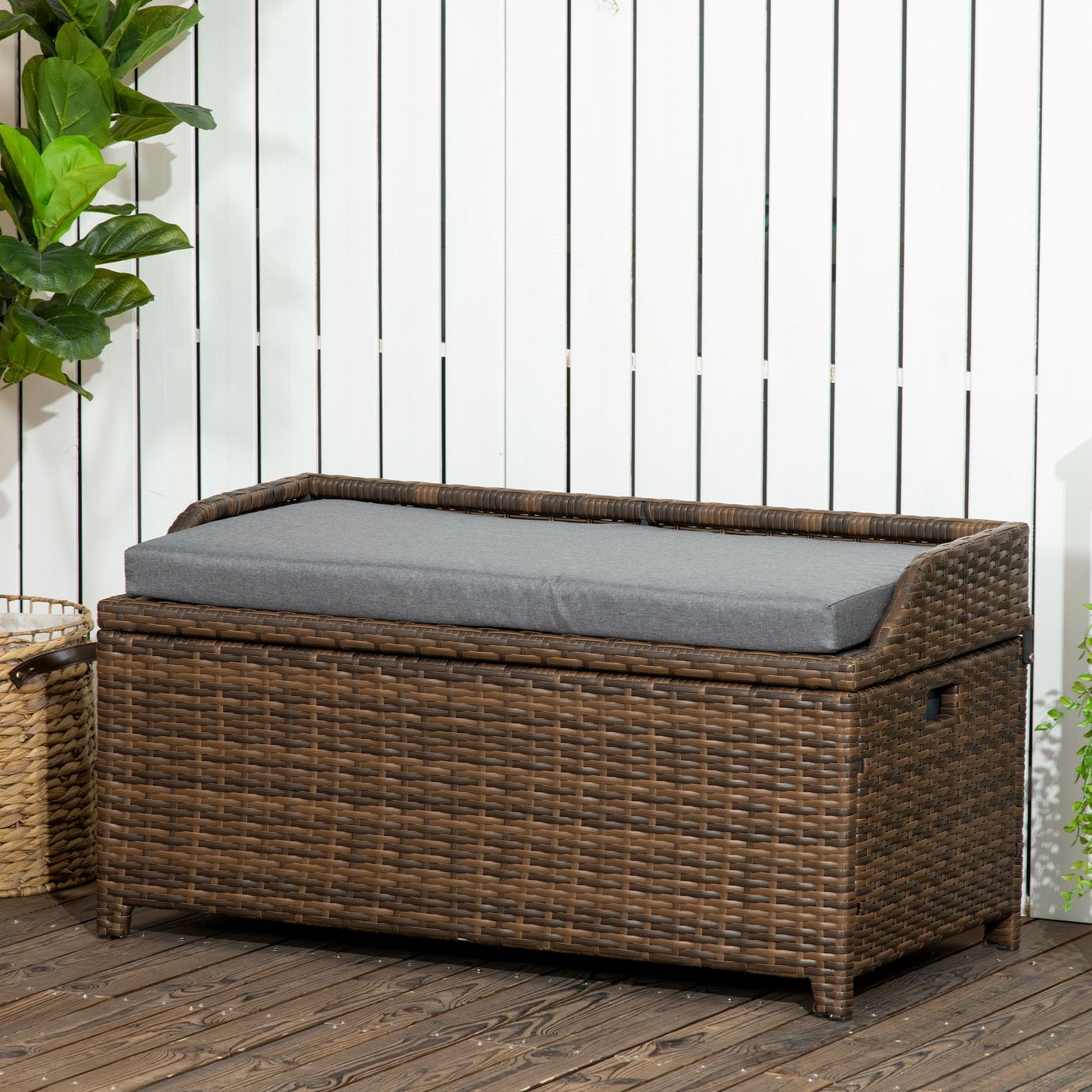 Gray Wicker Patio Storage Bench with Cushion