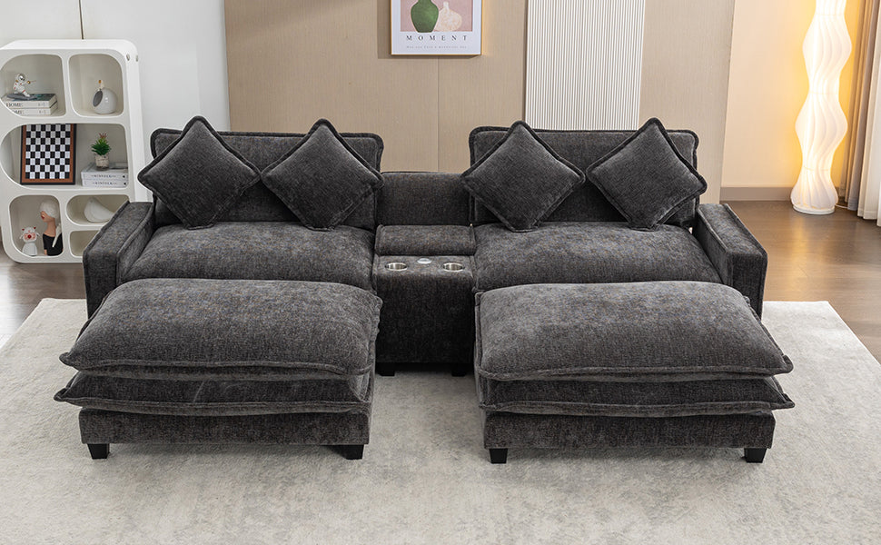 Cozy Black Chenille Sectional Sofa with Ottomans and USB Ports