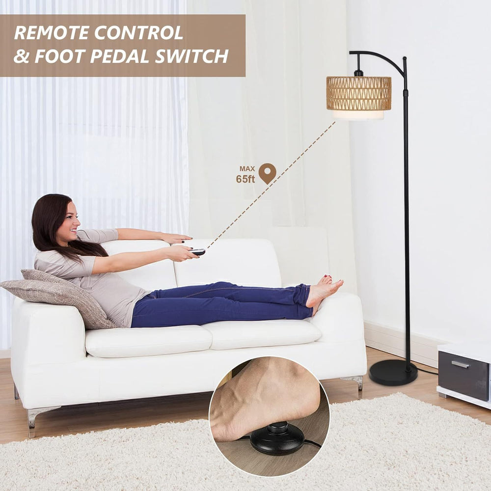 Cozy Arc Floor Lamp with Remote Control and Dimmable Rattan Shades