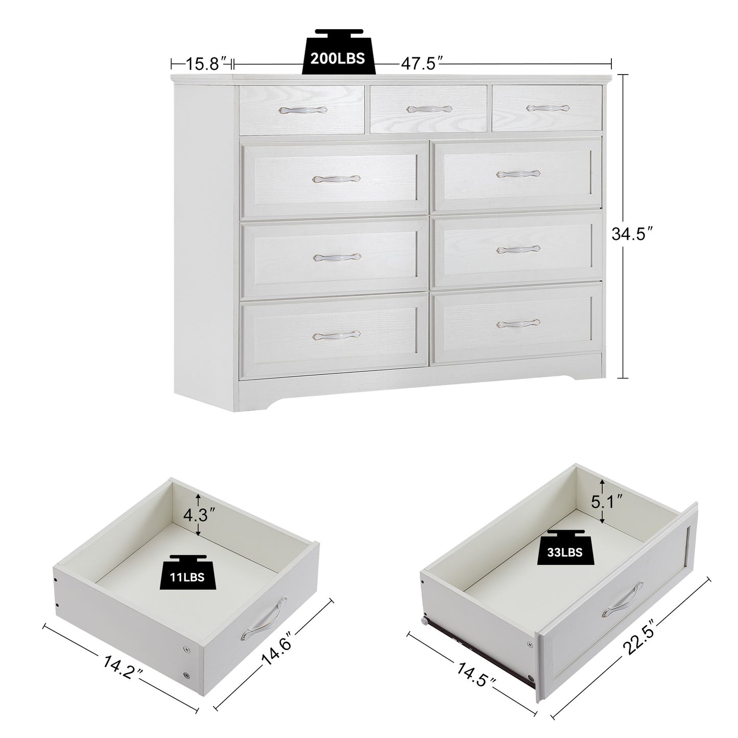 Charming White 9-Drawer Dresser with Antique Handles