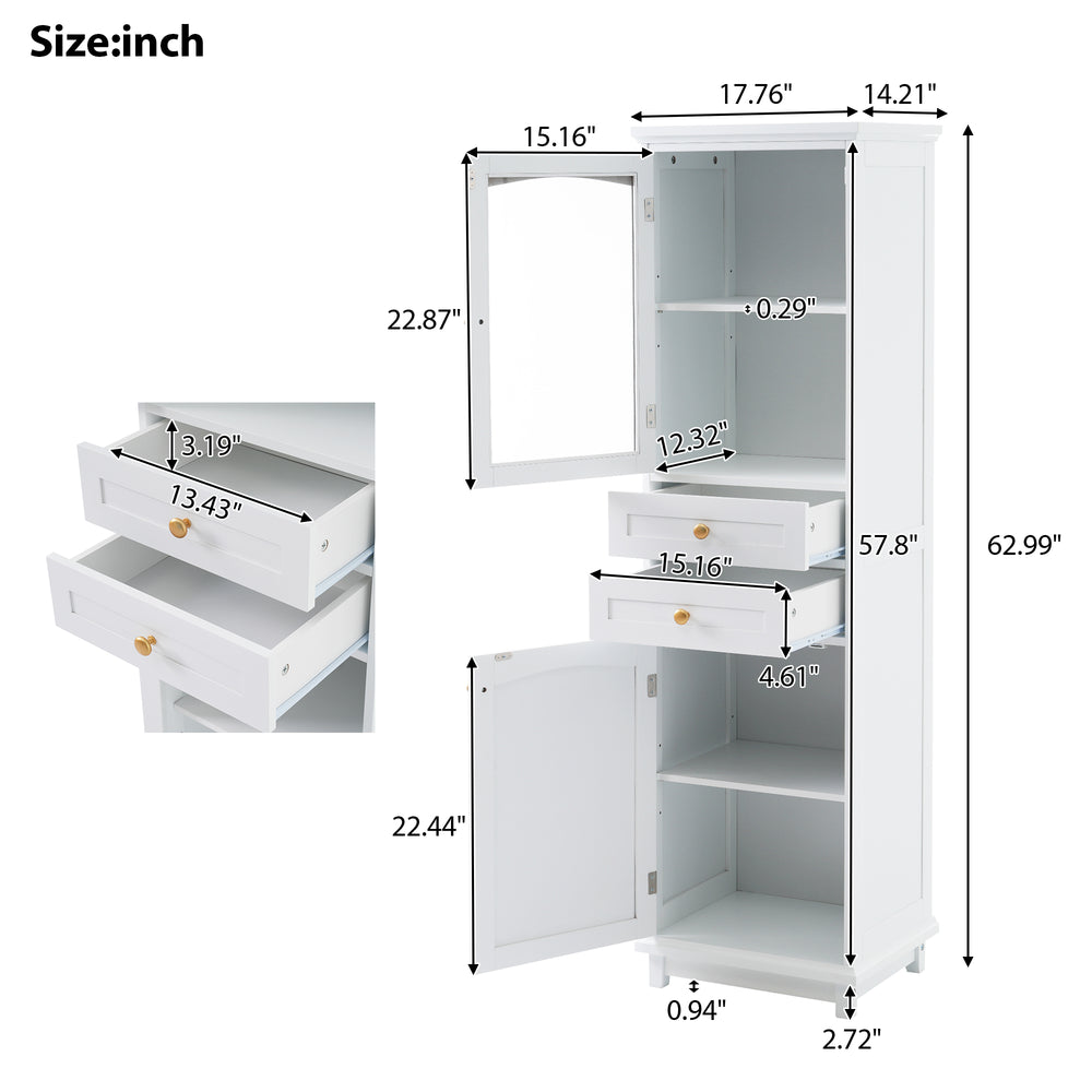 Chic Tall Bathroom Cabinet with Glass Doors & Adjustable Shelves