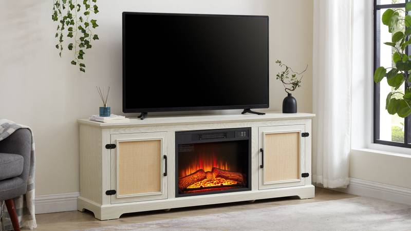 Cozy Farmhouse Rattan TV Stand with Fireplace Insert