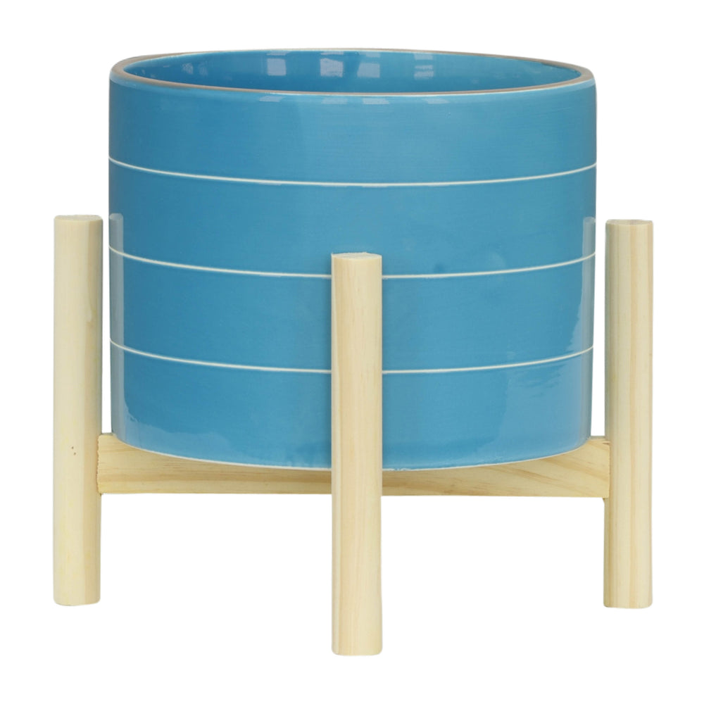 Sky Blue Striped Planter with Wooden Stand