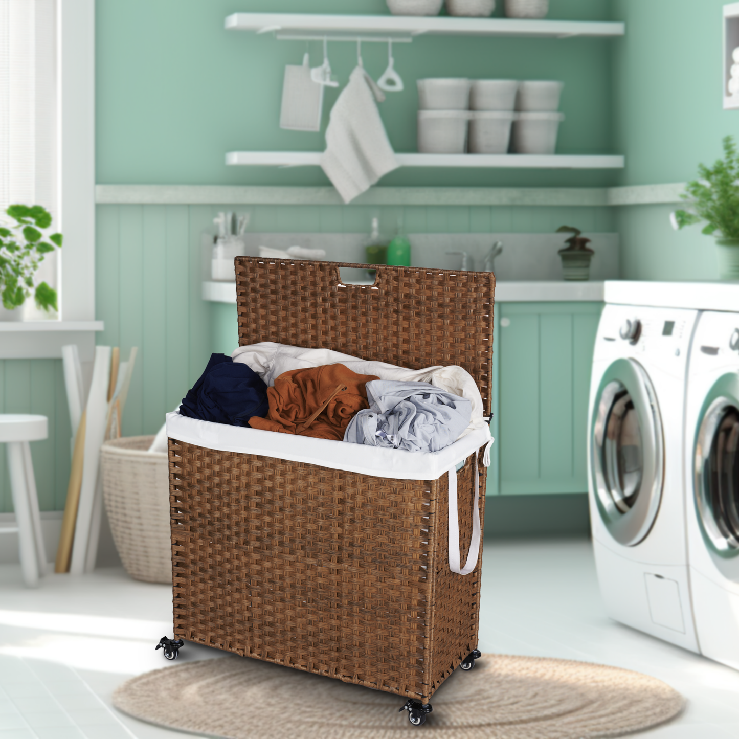 Stylish Brown Laundry Hamper with Lids and Wheels